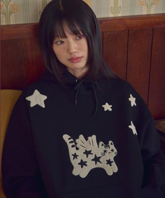 Angel Star Cat Boucle Embroidered Hoodie Ahp1216 (Black)