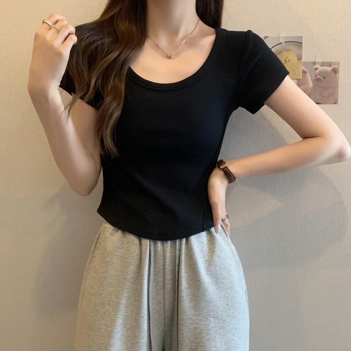 

Футболка с короткими рукавами и U-образным вырезом, летняя, однотонная, с высокой талией, для женщин S чёрный