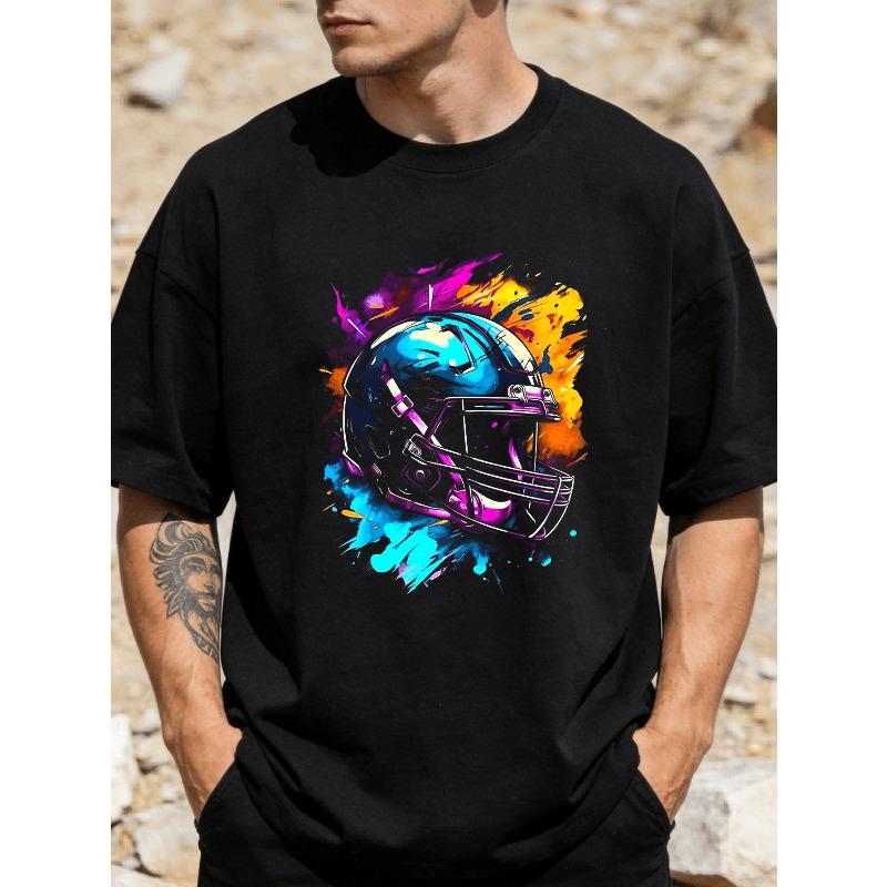 Men's Black Short- Sleeve T- Shirt with Vibrant American Football Helmet Design- Trendy Round Tee for Sports Fans, Lightweight & Breathable Summer Top