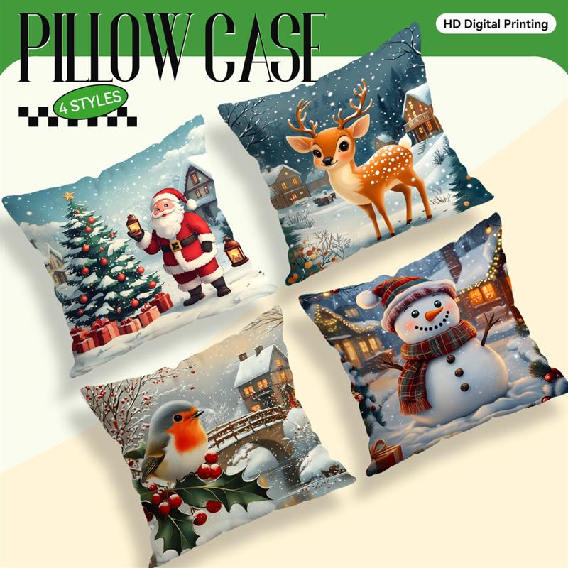 Short Plush Material Pillowcasehome Decor Christmas Scenes: Santa, Deer, Bird, Snowman Pattern Cushion Cover Suitable For Sofa B