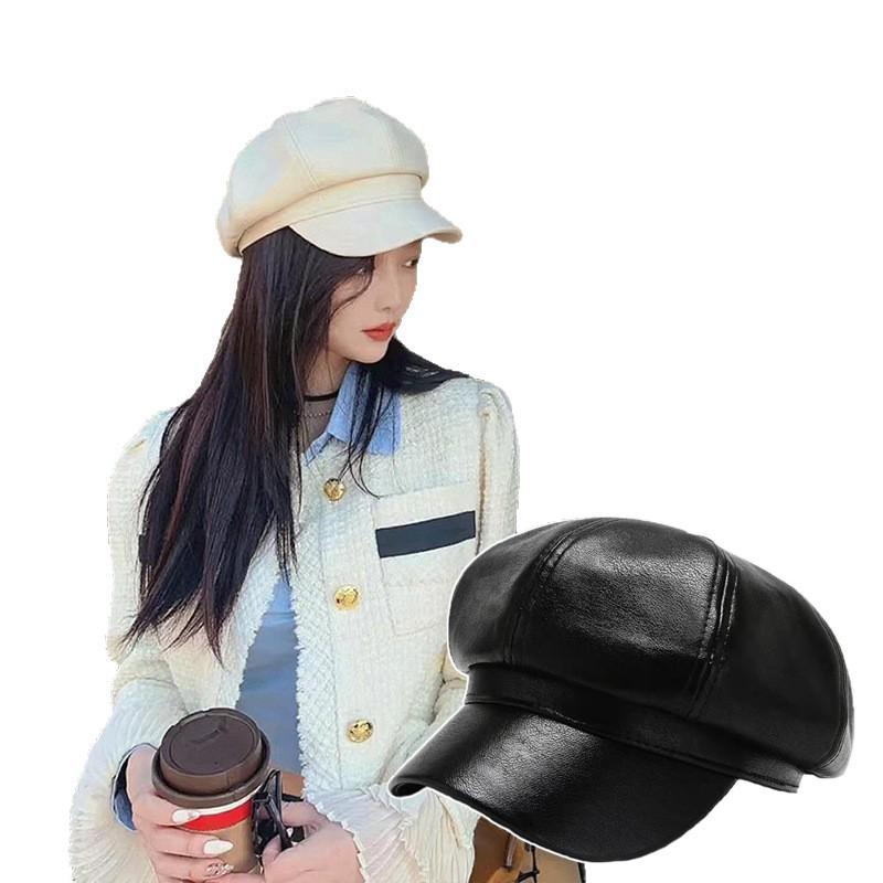 Korean-Style PU Leather Octagonal Beret - Trendy, Retro, Versatile Women's Hat