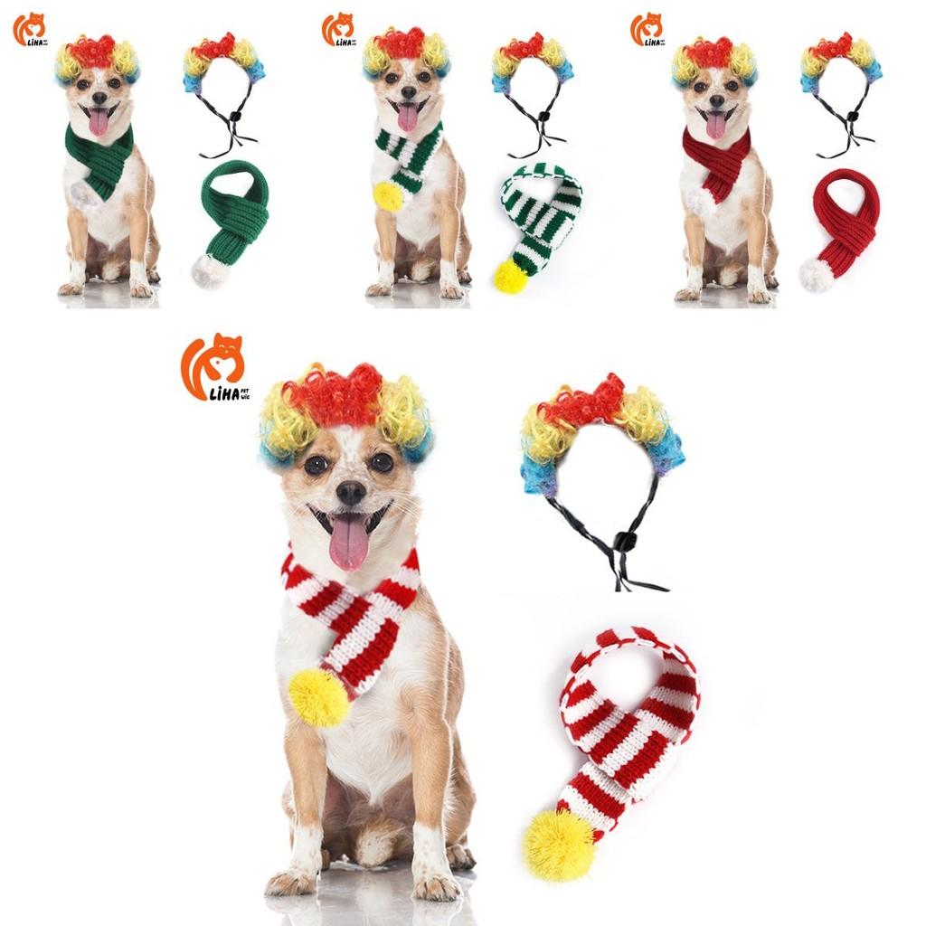 Festive Knitted Christmas Scarf For Pets Featuring Colorful Cartoonish Wig Design For Dogs