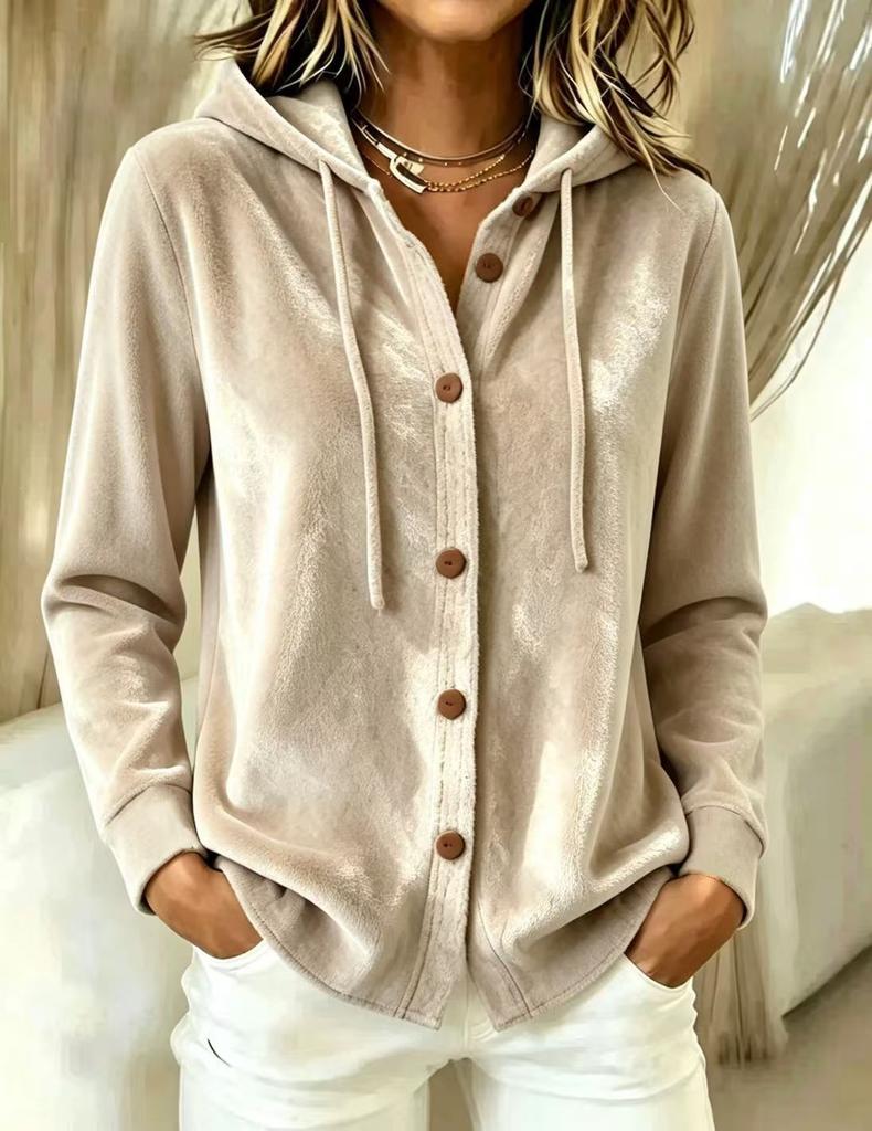 New European and American women's plush hooded cardigan solid color loose casual fashion sweater jacket