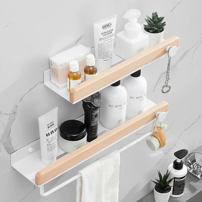 White Aluminum Bathroom Shelf Solid Wood Shower Storage Shelf Wall-mounted Toilet Shower Holder Rack Bathroom Accessories