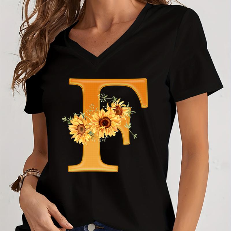 Women’s V-neck Graphic Shirts Orange A-Z Alphabet Sunflowers Short Sleeves Harajuku Fashion Girl Casual Y2k Trend Tshirts Top