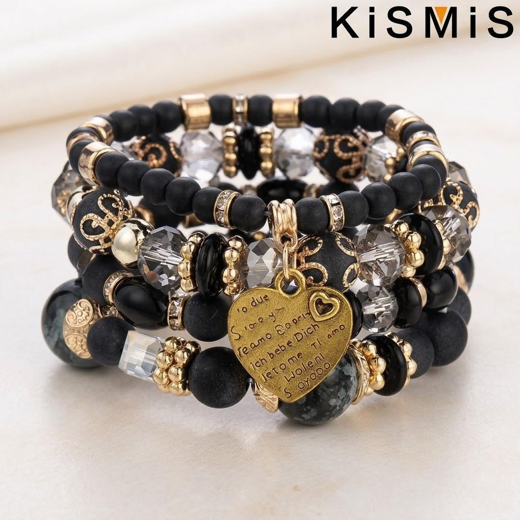 

Boho Crystal Beads Bracelets for Women with Heart and Letter Design Elastic Yoga Jewelry Gift Set 4Pcs Fashion Hand Bracelets чёрный