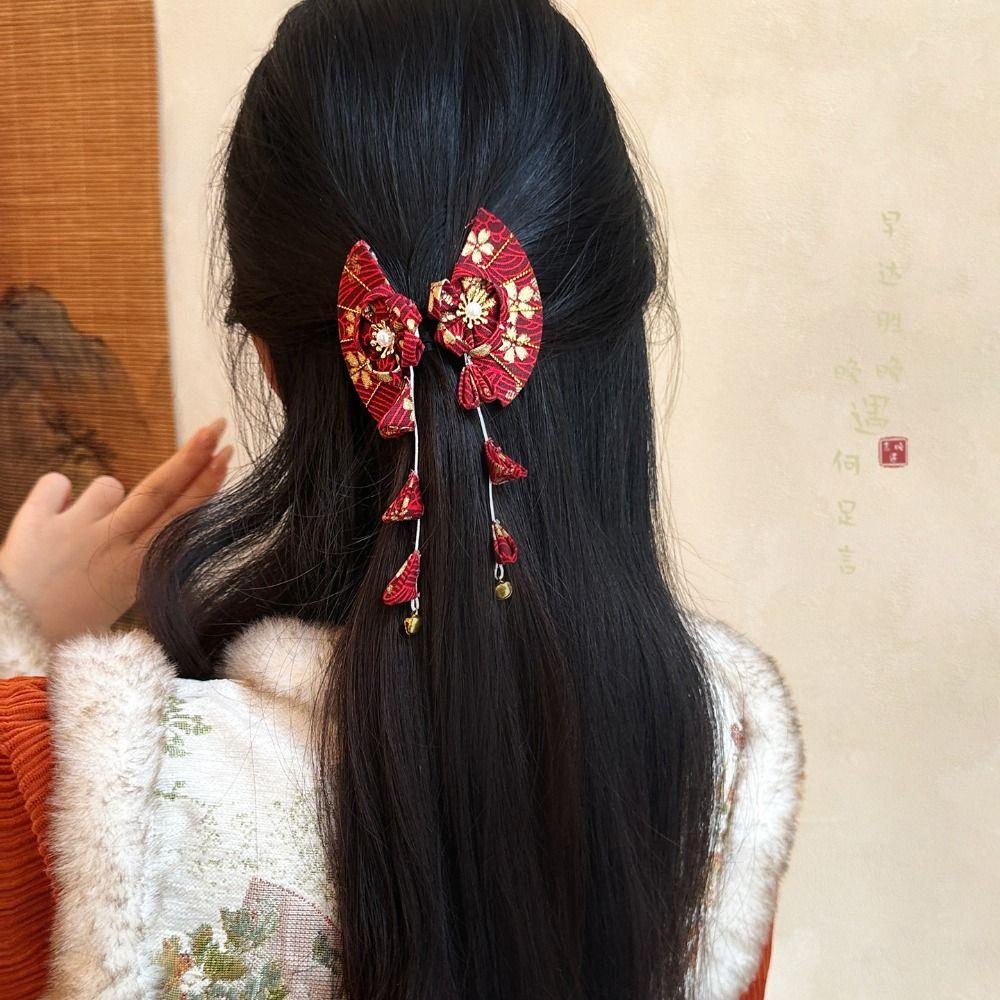 Flower Tassel Fan Hair Clip Bell Hanfu Fan Hair Clip Cute Kimono Sakura Hairpin Photo Pros