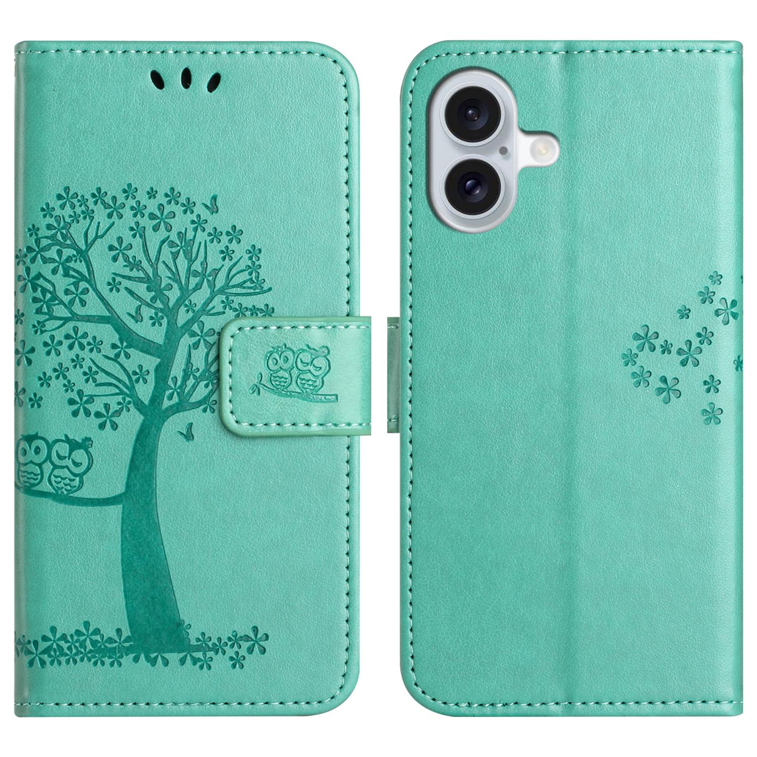 

For iPhone 17 Case PU Leather Owl Tree Imprinted Wallet Phone Cover with Strap Cyan