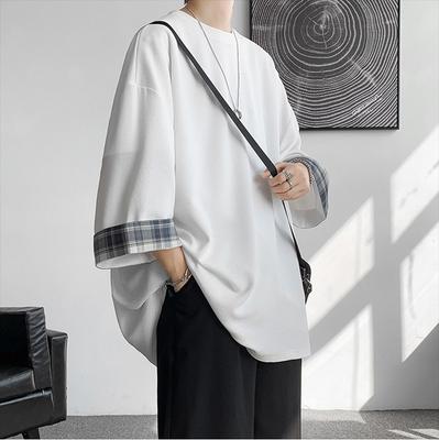 Men T Shirts Summer Men's T-shirts Women Oversized Korean Style Loose Plaid T-shirt Casual Seven Sleeves T-Shirt Male White