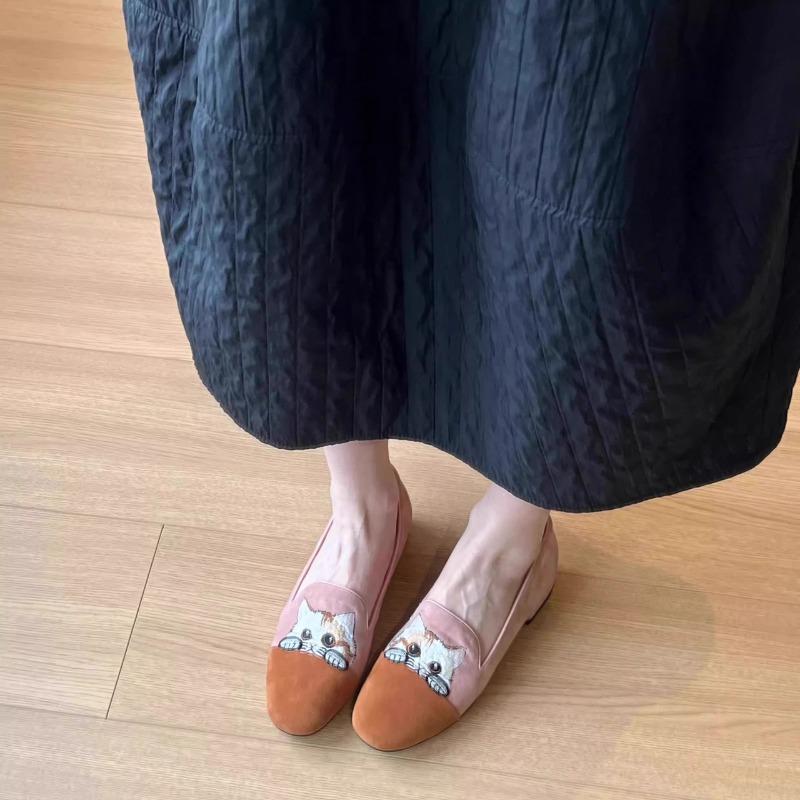 Fashion Colorblock Single Shoes Women Spring New Retro Round Toe Deep Mouth Cute Cat Embroidered Slip-on Soft Sole Flat Shoes