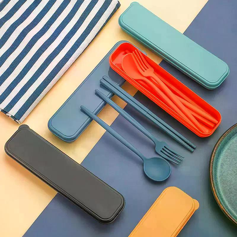 4Pcs Portable Utensils Healthy Eco-Friendly Wheat Straw Cutlery Reusable Chopstick Fork Knife Spoon Set