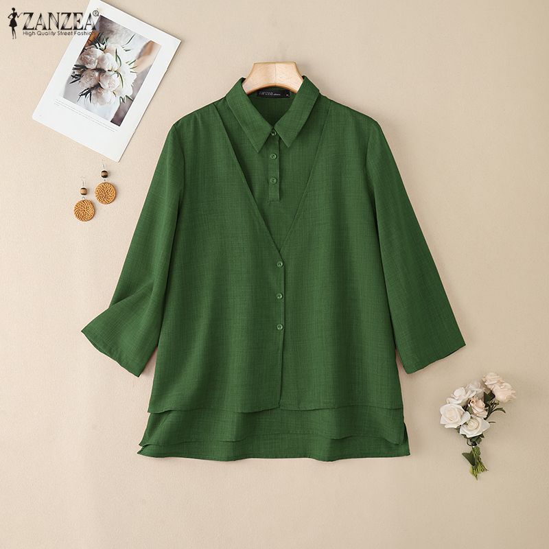 ZANZEA Women Casual Turn Down Collar 3/4 Sleeve Loose Blouse