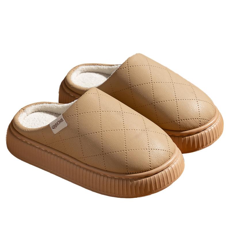 New high-end PU leather slippers autumn and winter couples indoor home velvet warm soft bottom non-slip cotton slippers