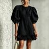 Women's Puff Sleeve Color Dress with 3D Floral Embellishment