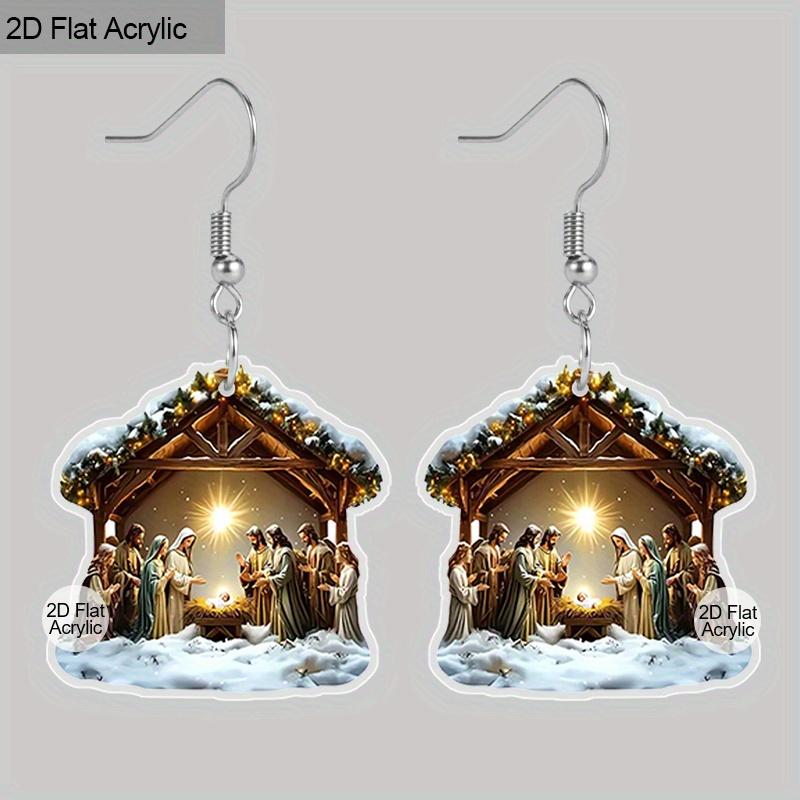 

2D Плоское Искусство Ретро Узор Рождественской Сцены Христианская Духовная Религиозная Живопись Акриловые Рождественские Серьги Ювелирные Изделия Женские Аксессуары Подарки на Богоявление
