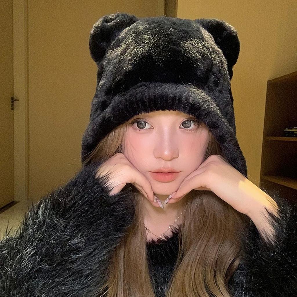 Bear Pattern Hat Adult Soft Plush Hat Thicken Female Hat Versatiles Stylish Hat for Travels and Shopping