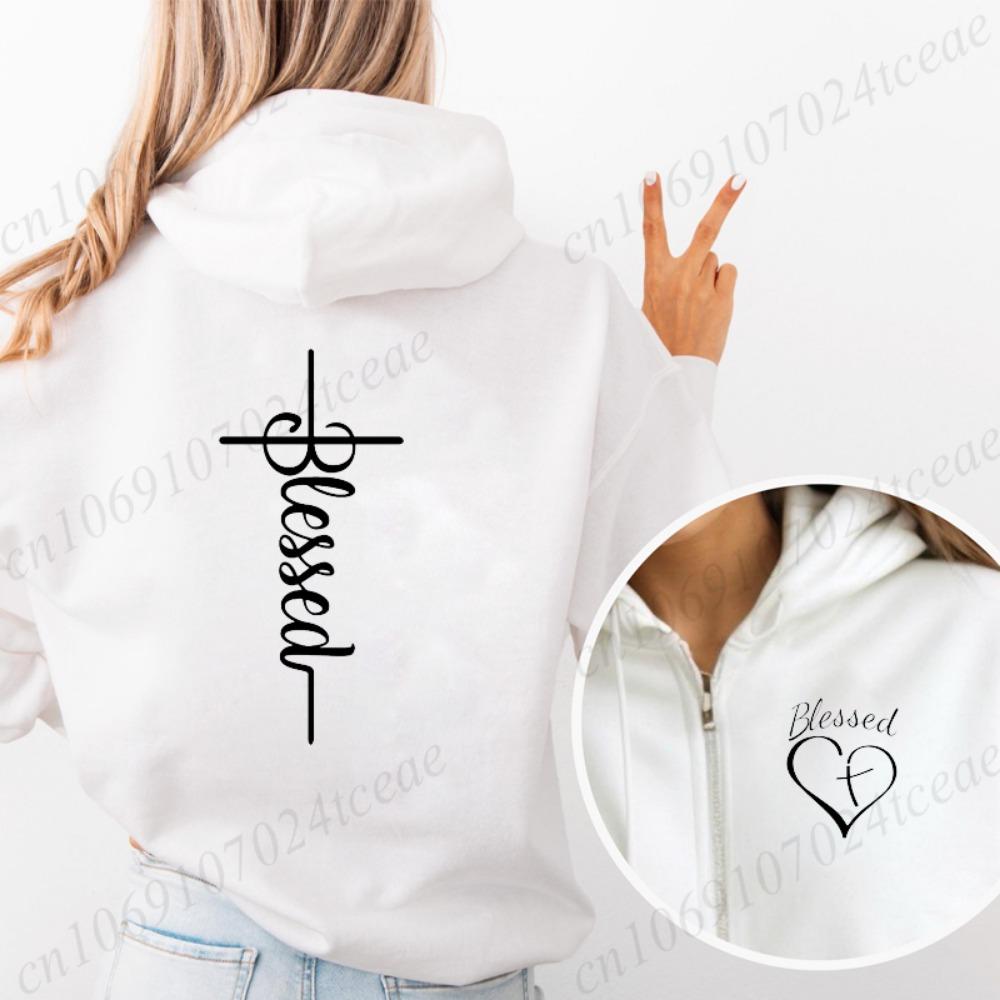 Women's Zipper Hoodie Autumn Winter New Fashion Zip Up Hoodies Blessed and Heart Sweatshirt Women Streetwear Blessed Cross Coats