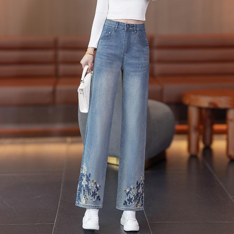 2025 New Chinese Style Embroidered High-Waist Wide-Leg Petite Jeans