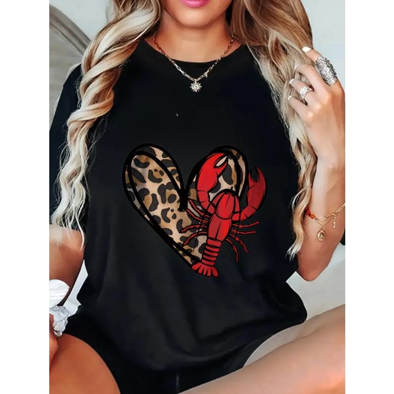 Oversized T Shirt Black Lobster Heart Leopard Print Summer Casual Wear