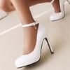 Ankle Straps High Heels Pumps Shoes Woman Elegant Round Toe Black White Heeled Office Dress Pumps Wedding Shoes Bridal Ladies