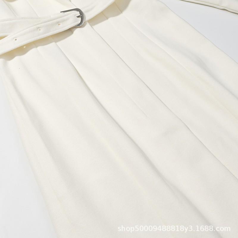 Womens Winter White Wool Blend Trench Coat With Belt Loose Fit Collar Long Sleeve Street Style