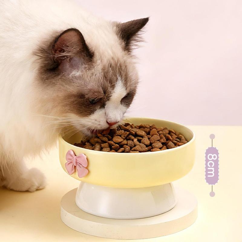 Cute Large Capacity Ceramic Cat Bowl Macaron Colors Non-Slip Base Elevated Pet Bowl with Bow Pet Feeding Bowl for Puppy Cats