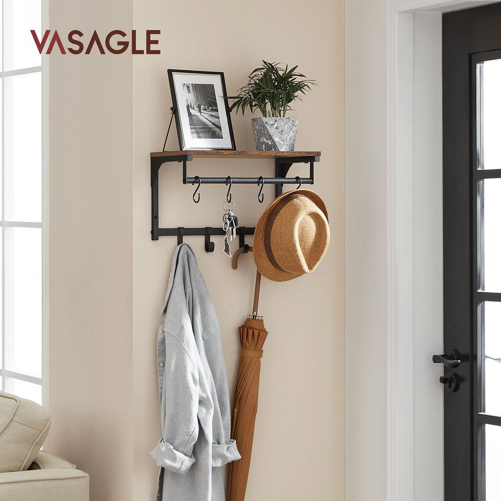 VASAGLE Wall Mounted Coat Rack, Wall Shelf with 8 Removable Hooks, Wall Mounted Hanging Shelf with Clothes Rail, for Hallway, Bedroom