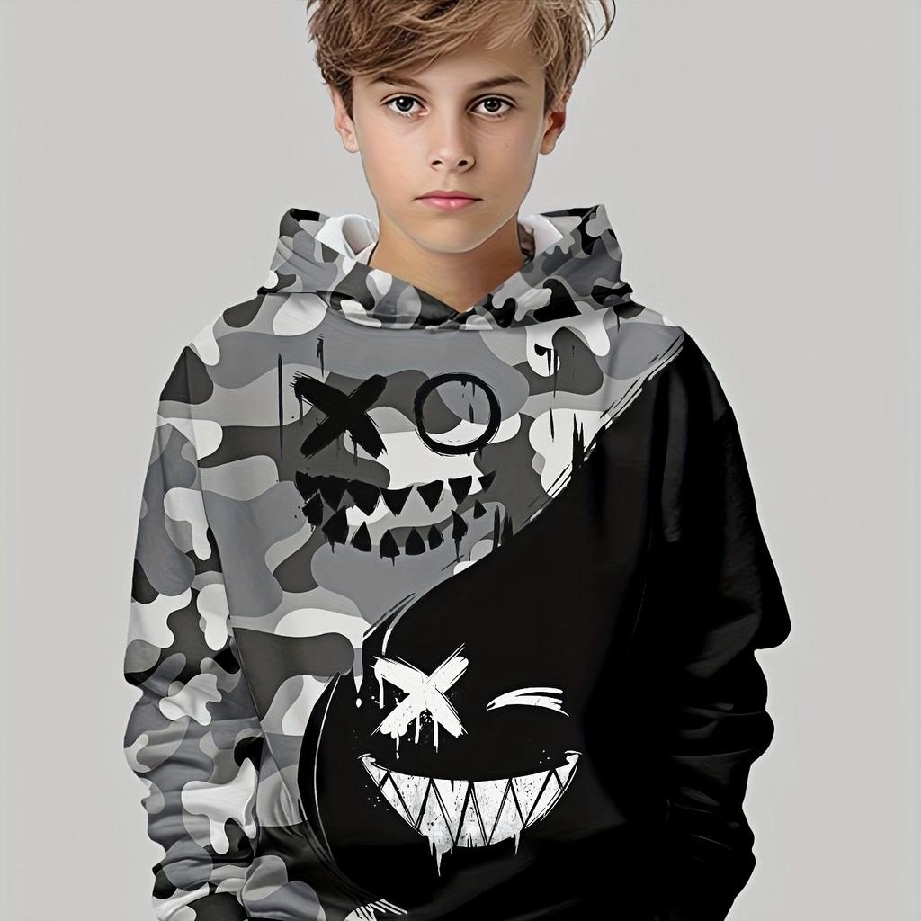 Trendy and fashionable children's hoodies in spring and autumn seasons, gray green black three tone striped 3D