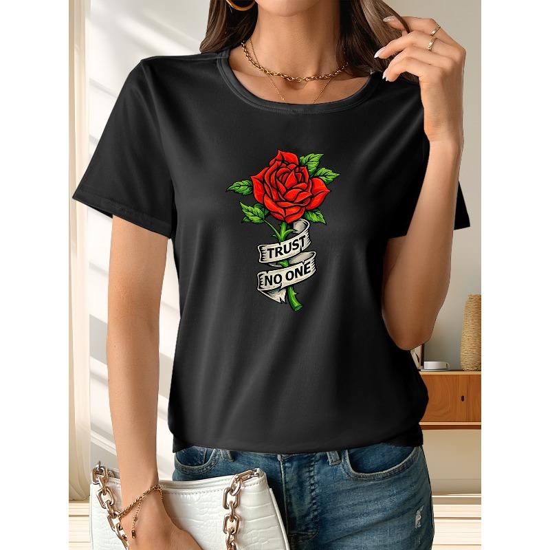 

A Rose Women s Printed Short-sleeved Spring and Summer Casual Short-sleeved T-shirt, Casual Short-sleeved Round-neck Top, 4XL чорний