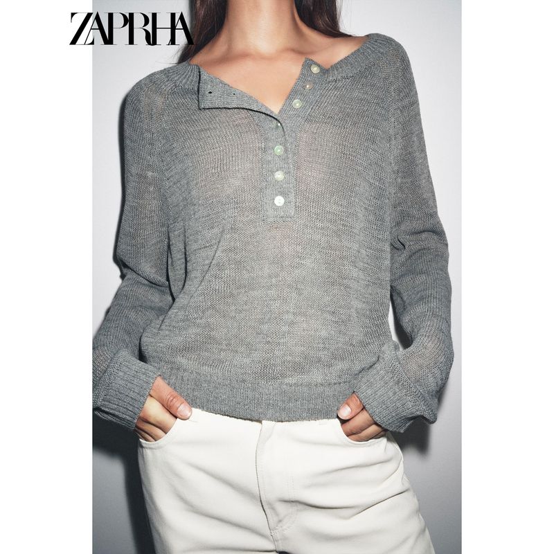 Zaprha 2925 Autumn New Women Baker Style Rib Closing Edge off-Neck Long Sleeve Knit 2142135