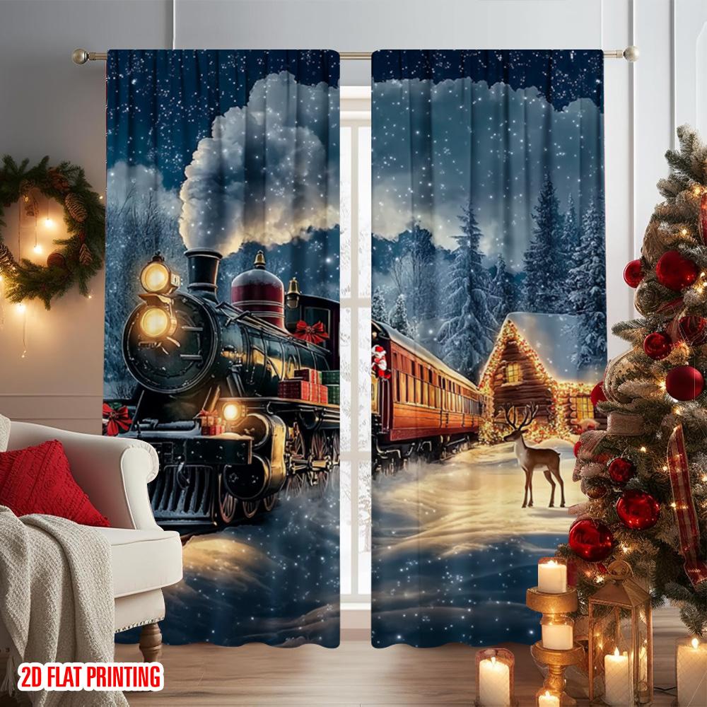 2pcs 2D flat printing Merry Christmas Curtain Christmas Train1 Versatile Polyester Fabric Without Electricity Family Party