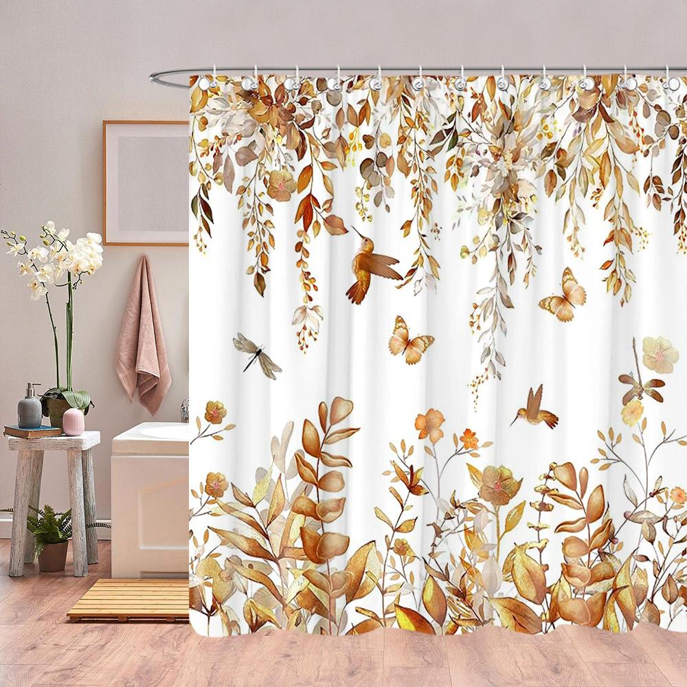 Autumn Eucalyptus Leaves Watercolour Shower Curtain Sagging Yellow Leaves Thanksgiving Gift Fabric Shower Curtain Bathroom Decor