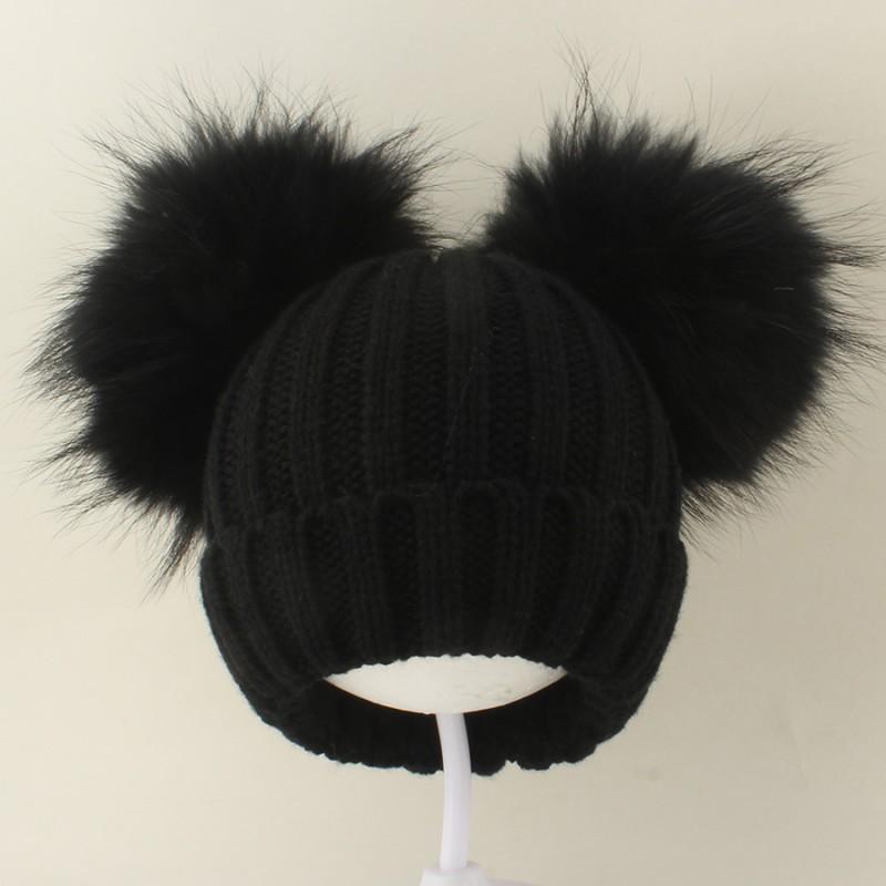 Kids Warm Knitted Beanie Hat With Double Pom Poms Striped Roll Edge Unisex Winter Cap Toddlers Children
