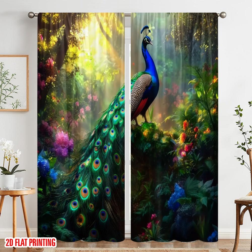 2pcs,2D Plane Printing Curtains Digital Printed Peacock Paradise Versatile Durable Polyester (without Rod) Room Decor for Living