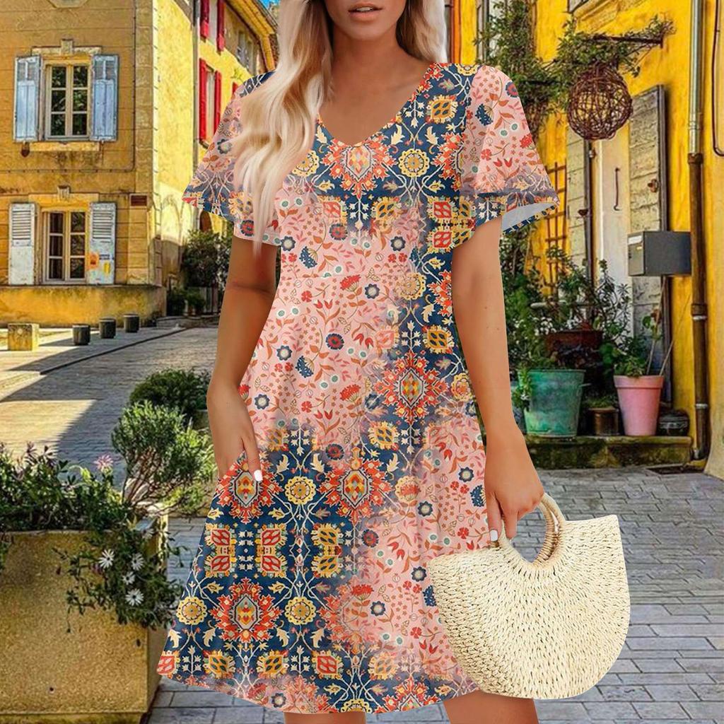 Women Summer Dress Casual Swing Floral Ruffle Short Sleeve Sundresses Beach  A-line  Dress  With Pockets