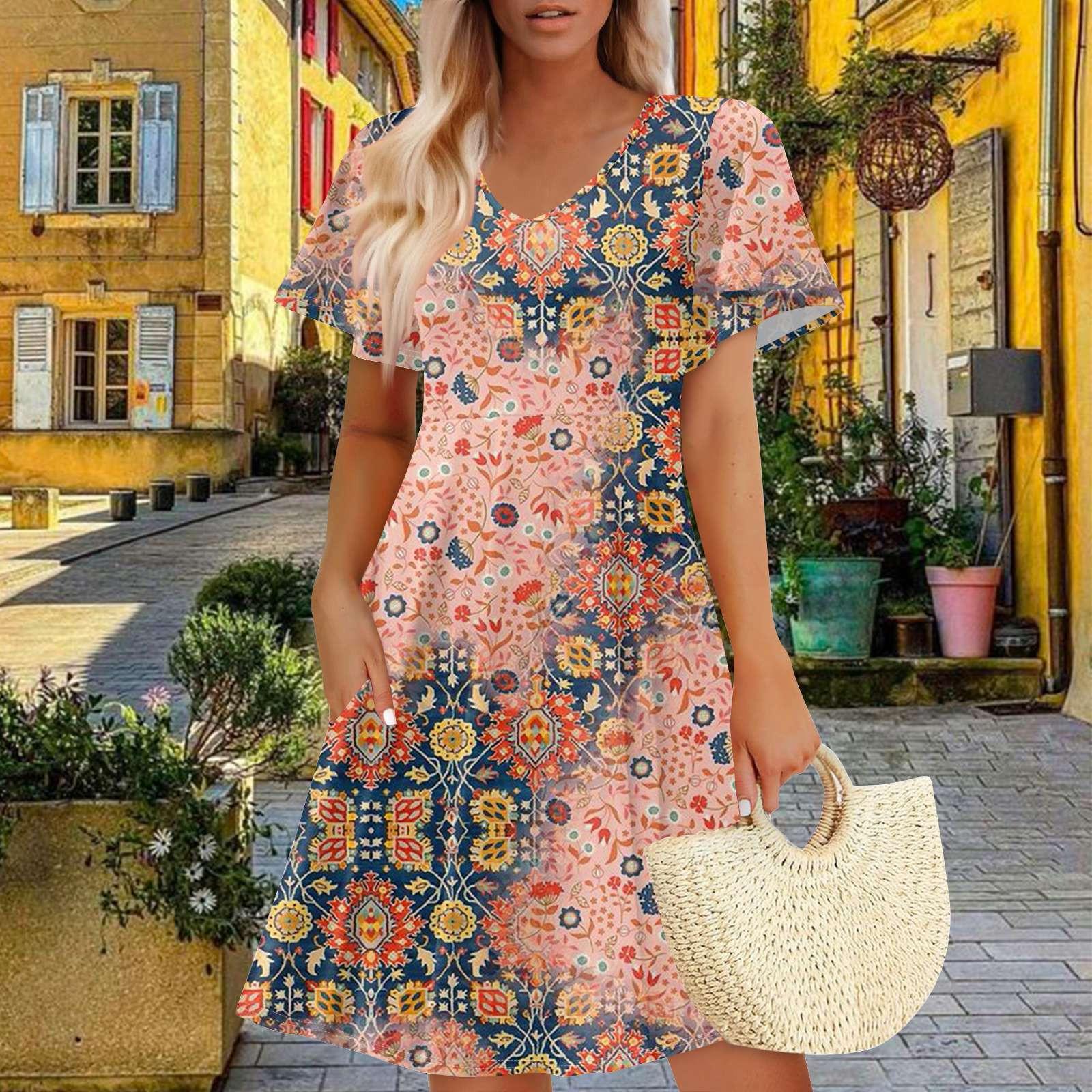 

Women Summer Dress Casual Swing Floral Ruffle Short Sleeve Sundresses Beach A-line Dress With Pockets L