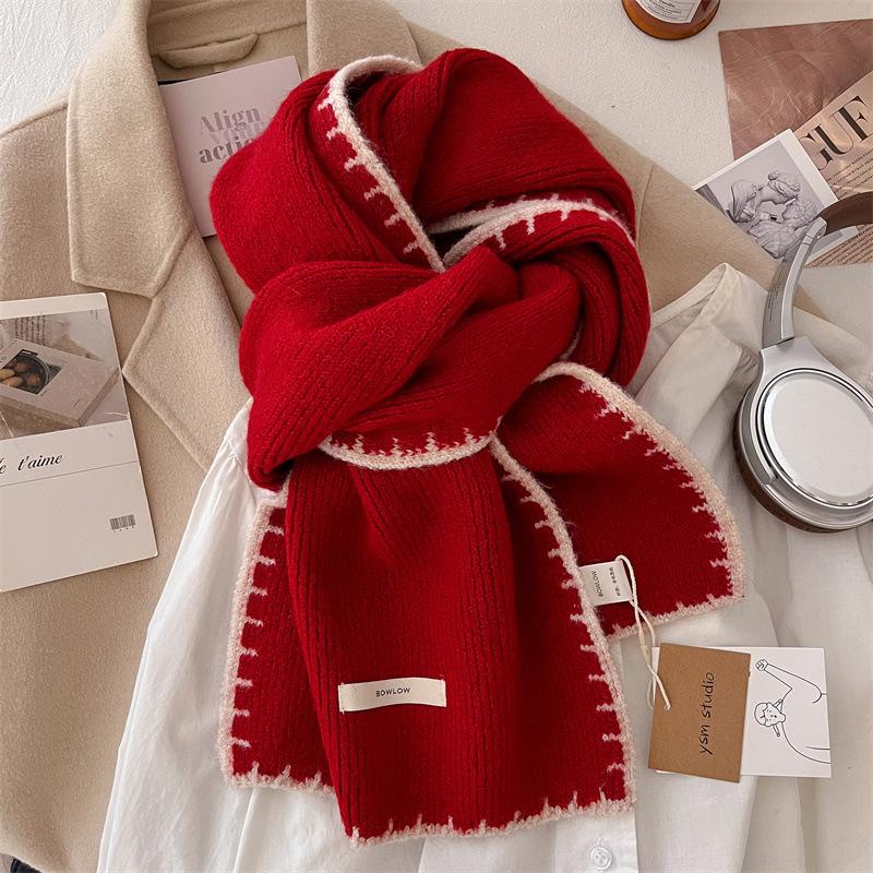 

Locking edge knitted wool scarf wool scarf winter women s simple solid color black 180*30cm