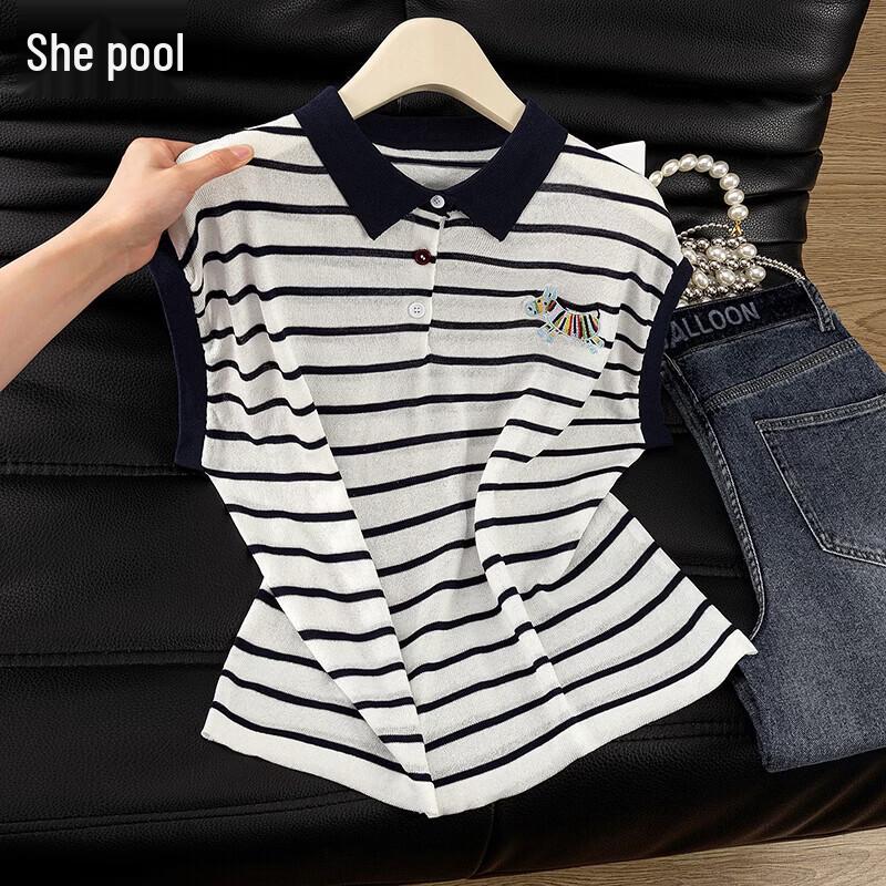 Women s Sleeveless Striped Lapel Knitted Top with Cartoon Embroidery M