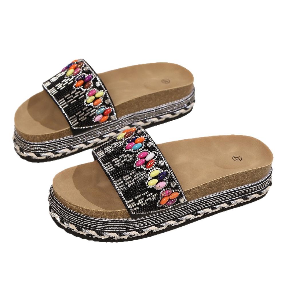 European and American Foreign Trade Fashion Retro Ethnic Diamond Surface Thick-soled Slippers Roman Large Size Outer Wear Beach Cork Slippers