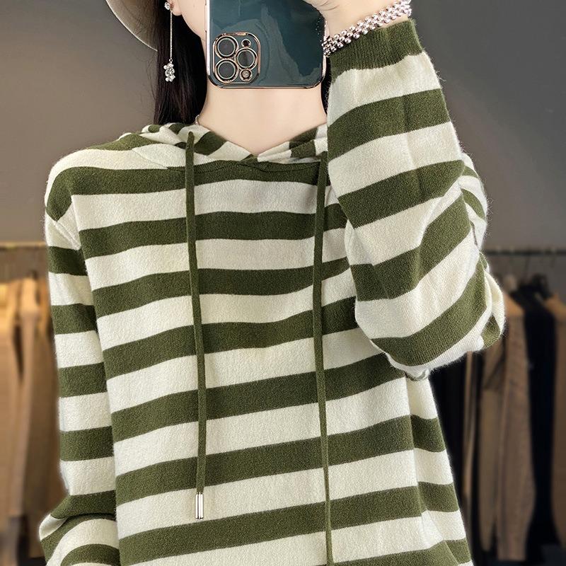 Women S Striped Hooded Sweater Loose Casual Fit Pullover