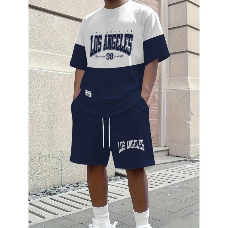 Men's Summer Los Angeles Fashion 2-Pack Monogram Print Crew Neck Short Sleeve Casual T-Shirt and Drawstring Shorts Set