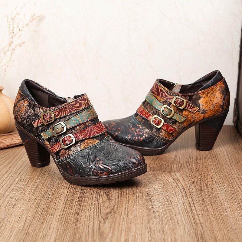 Johnature Genuine Leather Pumps Women Shoes Retro Round Toe Fashion High Heels Printed Handmade Ladies Shoes