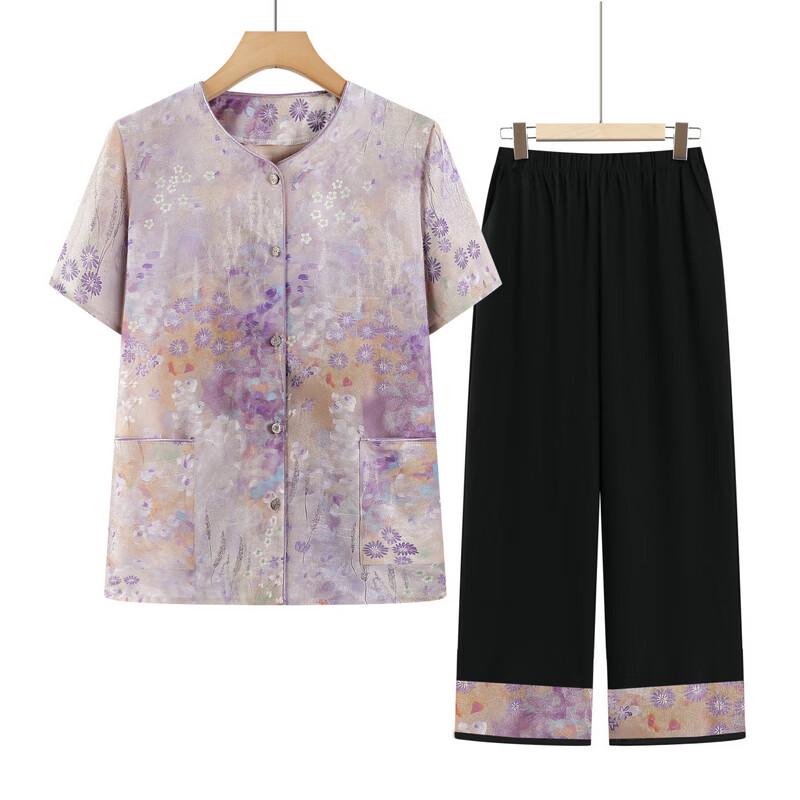 Yuzhaolin Elderly Women's Floral Summer Shirt Set