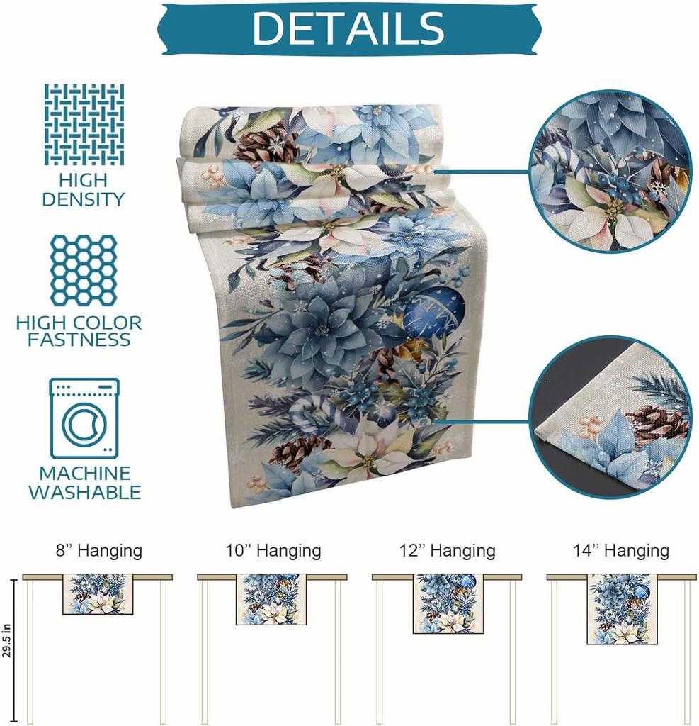 Christmas Blue Poinsettia Ball Berry Linen Table Runner Party Decor Winter Xmas Kitchen Dining Table Runner Christmas Decoration