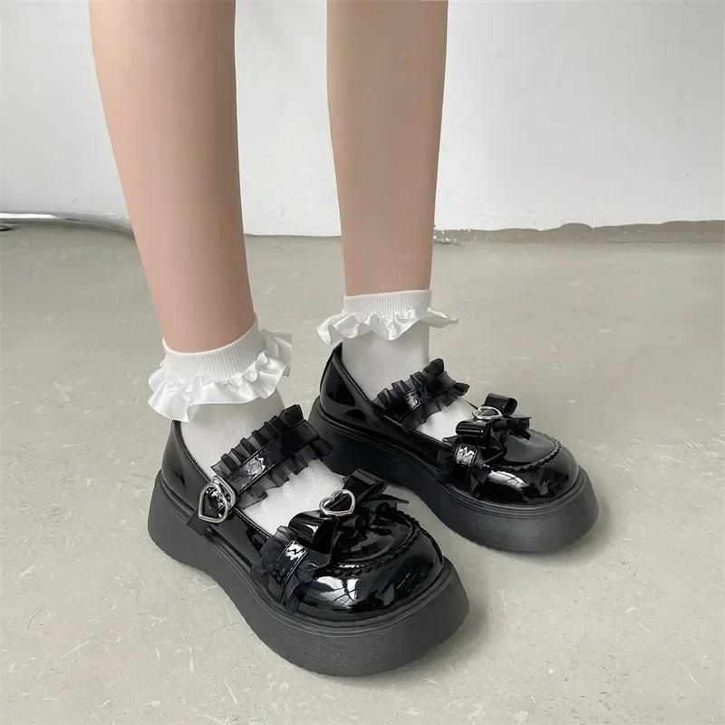 Fashion Women's Black Thick Soled Mary Jane Shoes 2024 Autumn New Japanese Sweet Patent Leather High Heels Bow Lolita Big Toe Shoes