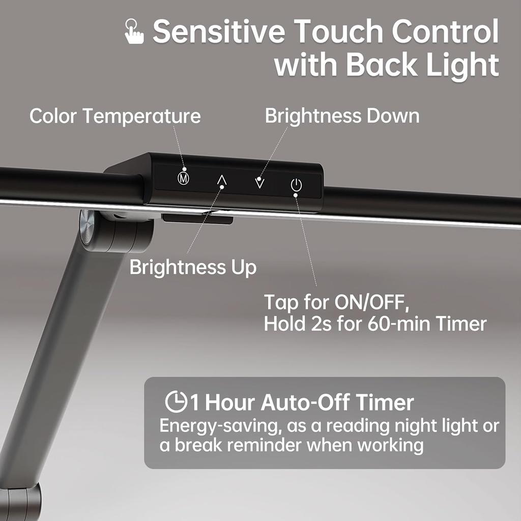 LED Desk Lamp for Home Office, 24W Eye-Caring Reading Light with Clamp, USB Charging Port, 7 Brightness 5 Color Mode, Memory Function, Auto-Off