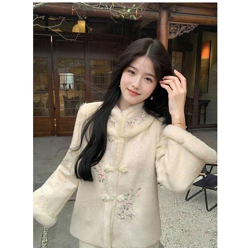2025 A/W Snow Lotus Chic Qipao Set: Velvet-Lined Long Sleeve Dress