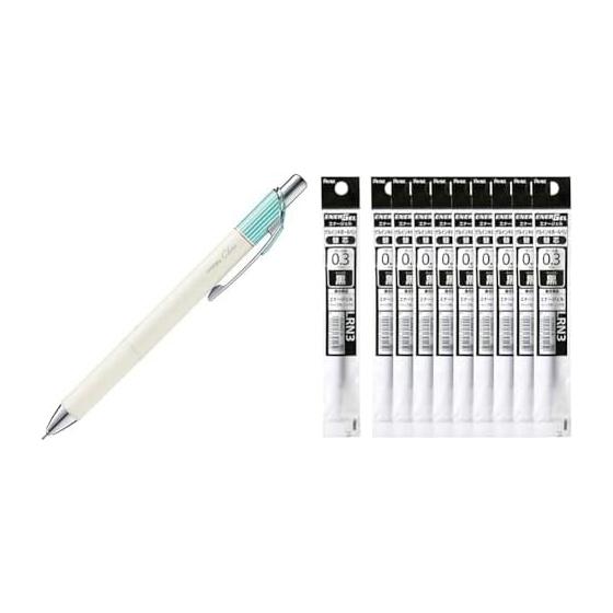 Pentel EnerGel Clena Gel Pen BLN73LK-A 0.3mm Mint Green, 10 Pens; EnerGel 0.3mm XLRN3-A Black Ink Refills, 10 Count