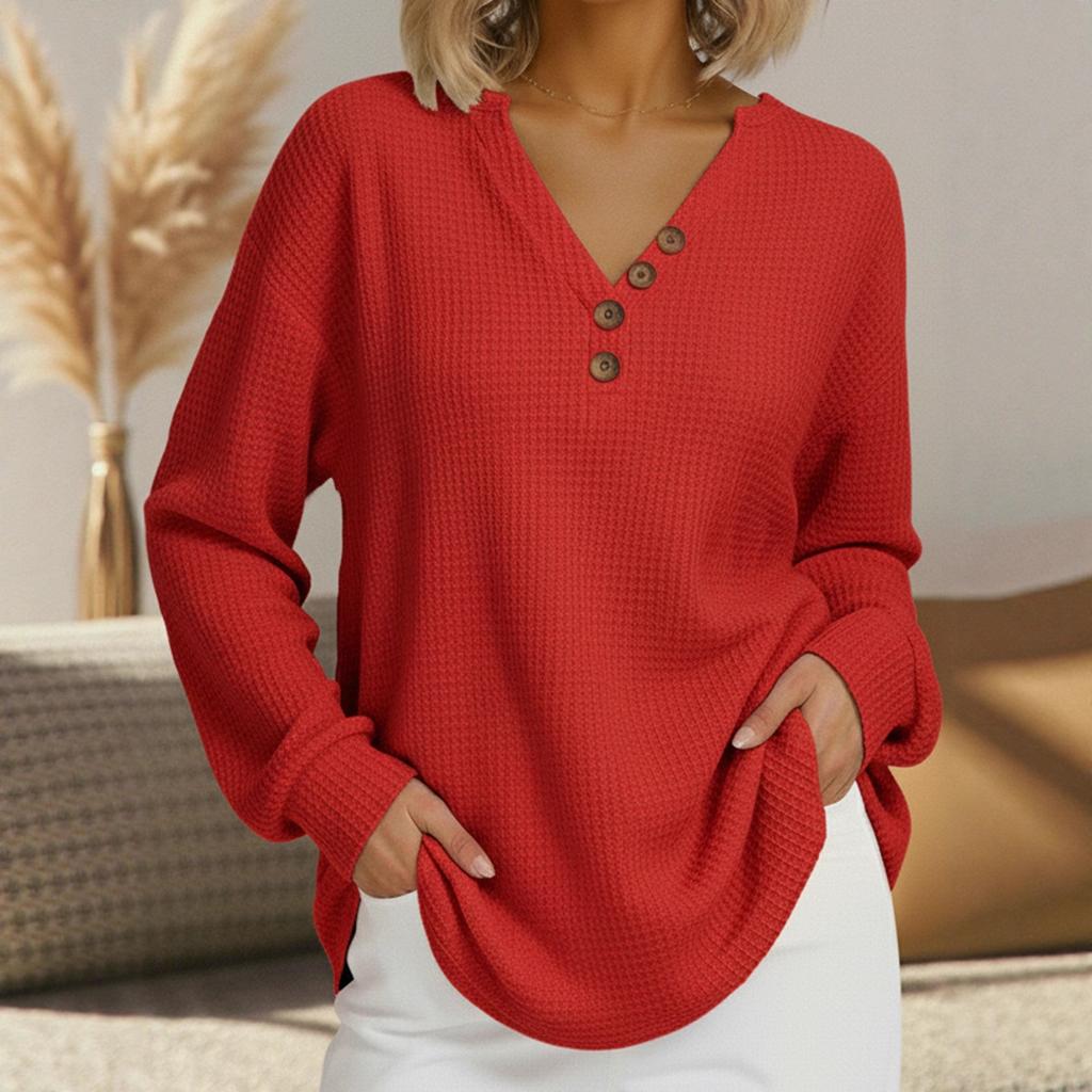 Autumn and Winter New Fashion Casual V-neck Button Waffle Long-sleeved Sweatshirt Tops for Women