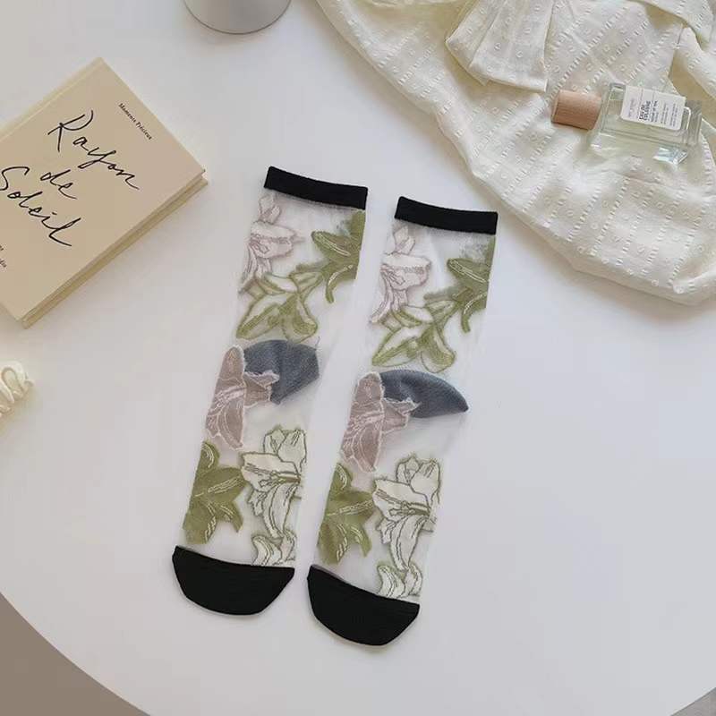 New Women Ladies Sock Fashion Sheer Mesh Glass Silk Socks Ultrathin Transparent Crystal Lace Fabulous Elastic Summer Flower Sock